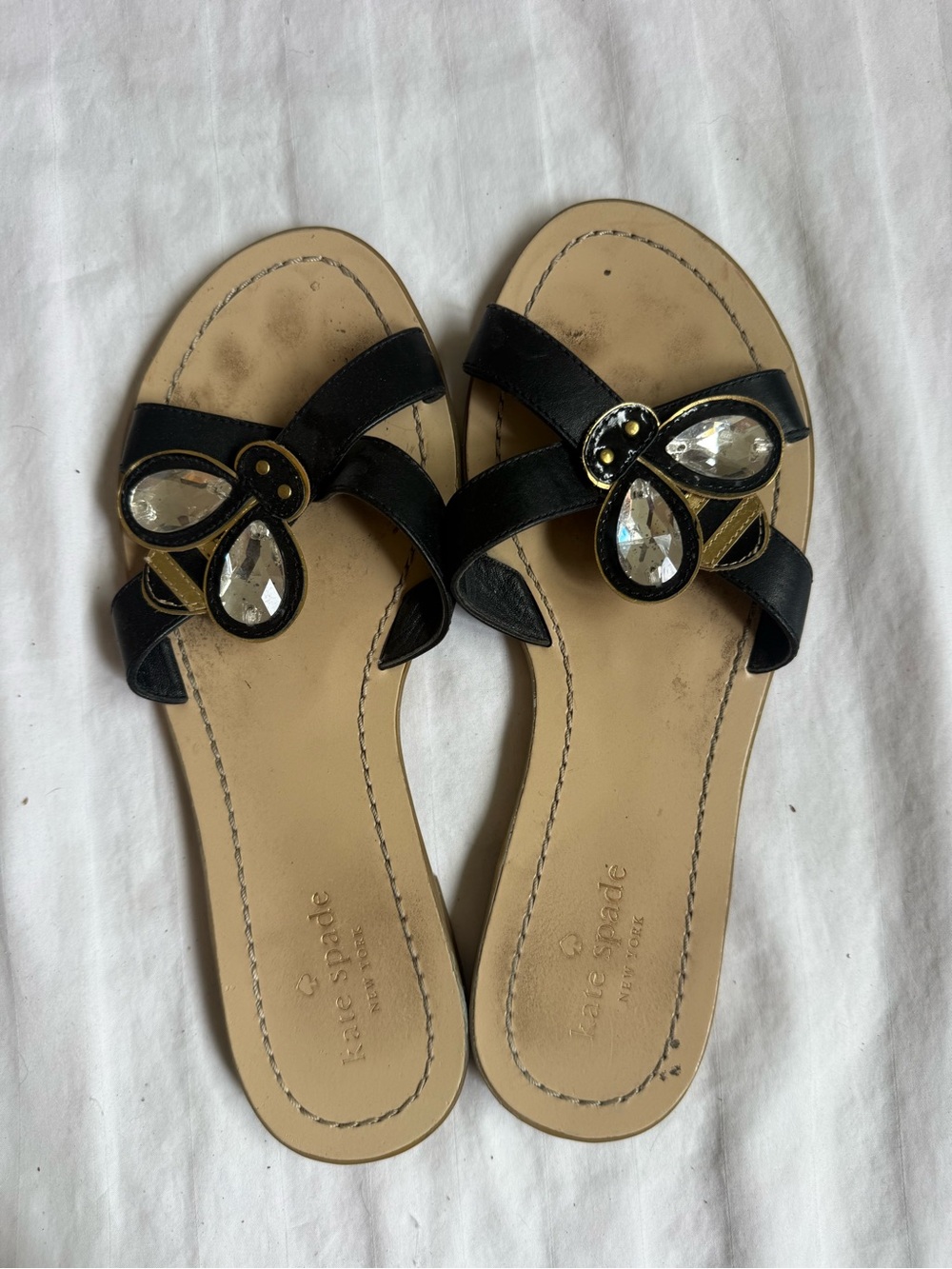 Kate Spade Black Leather Crystal Bug Embellished Flat Slide Sandals Size 8M